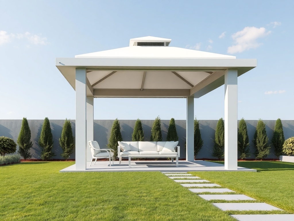 A modern minimalist gazebo in a backyard with lush green grass.