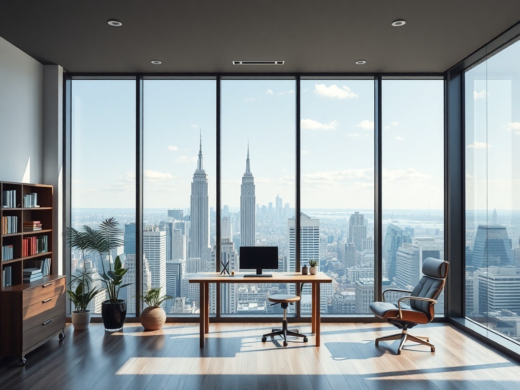 Modern home office with large windows and city skyline view