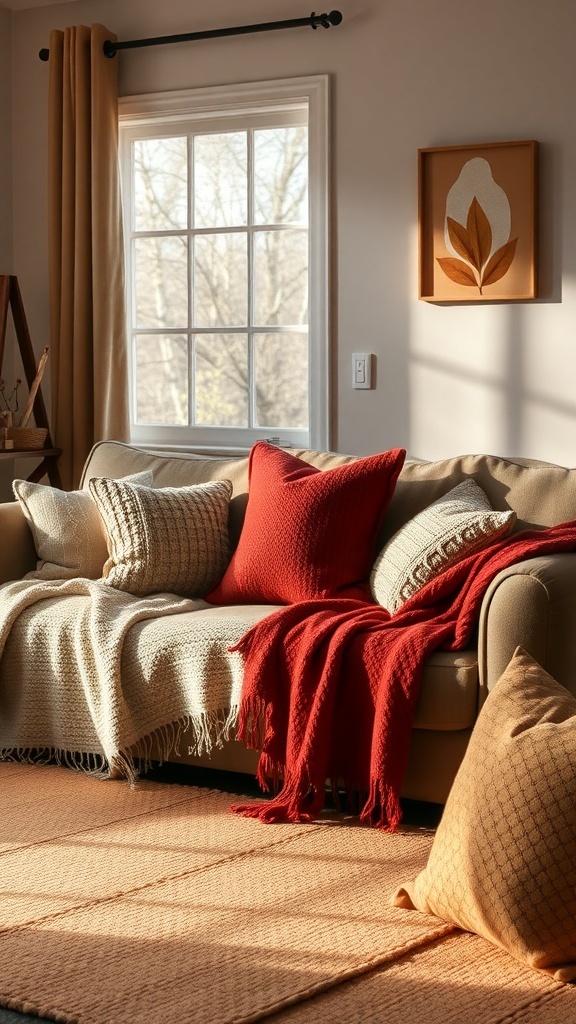A cozy living room with a sofa covered in warm textiles, including cream and red throws and knitted pillows.