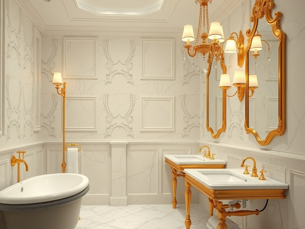 Luxurious bathroom with gold finish fixtures above the vanity and other areas.
