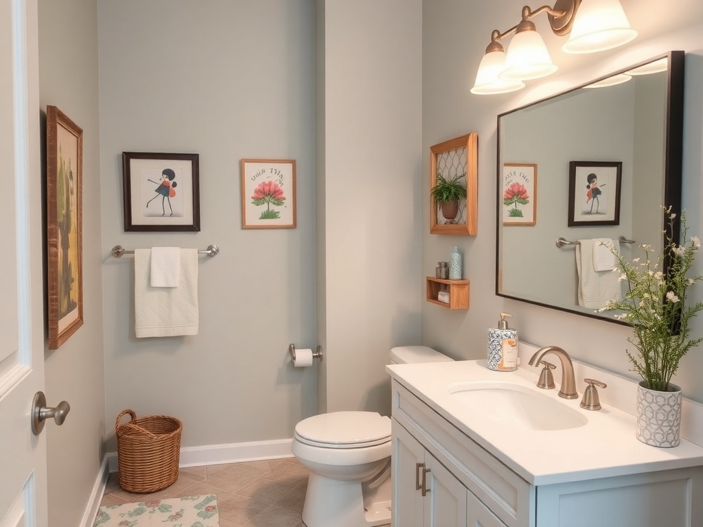 A cozy bathroom with framed art, a mirror, and decorative elements.
