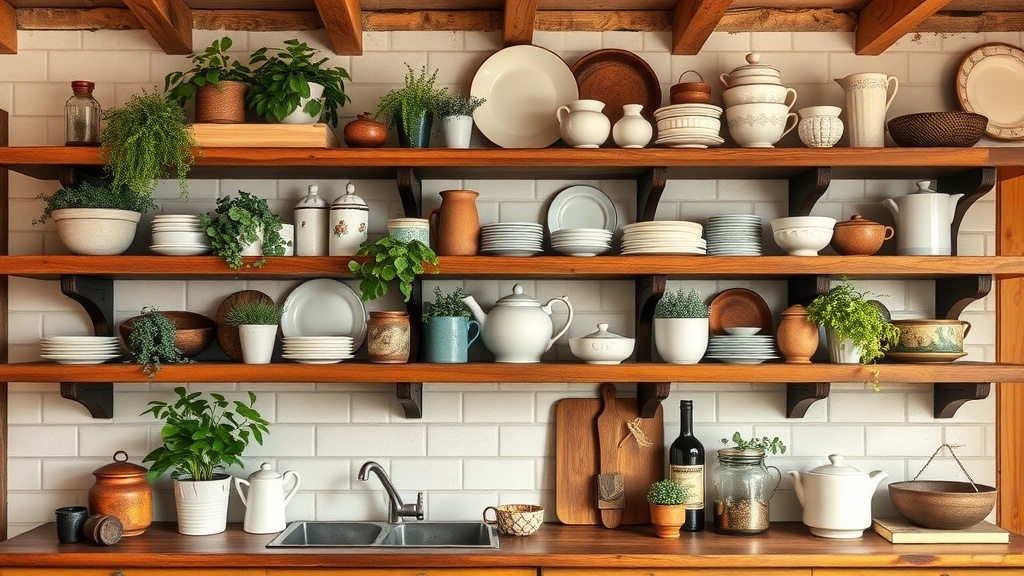 Rustic farmhouse kitchen with open shelving displaying dishes and plants