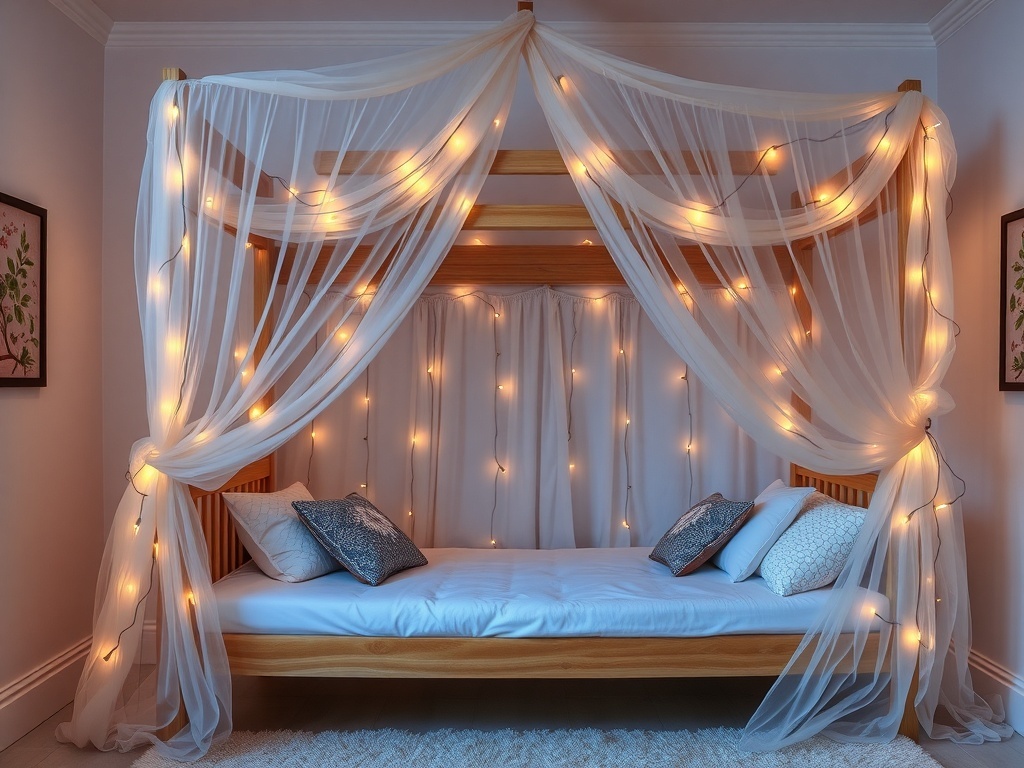Cozy canopy bunk bed with soft drapes and fairy lights.