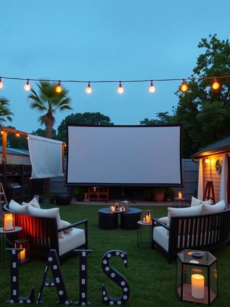 Stylish outdoor movie theater setup with comfortable seating, a large screen, and string lights.