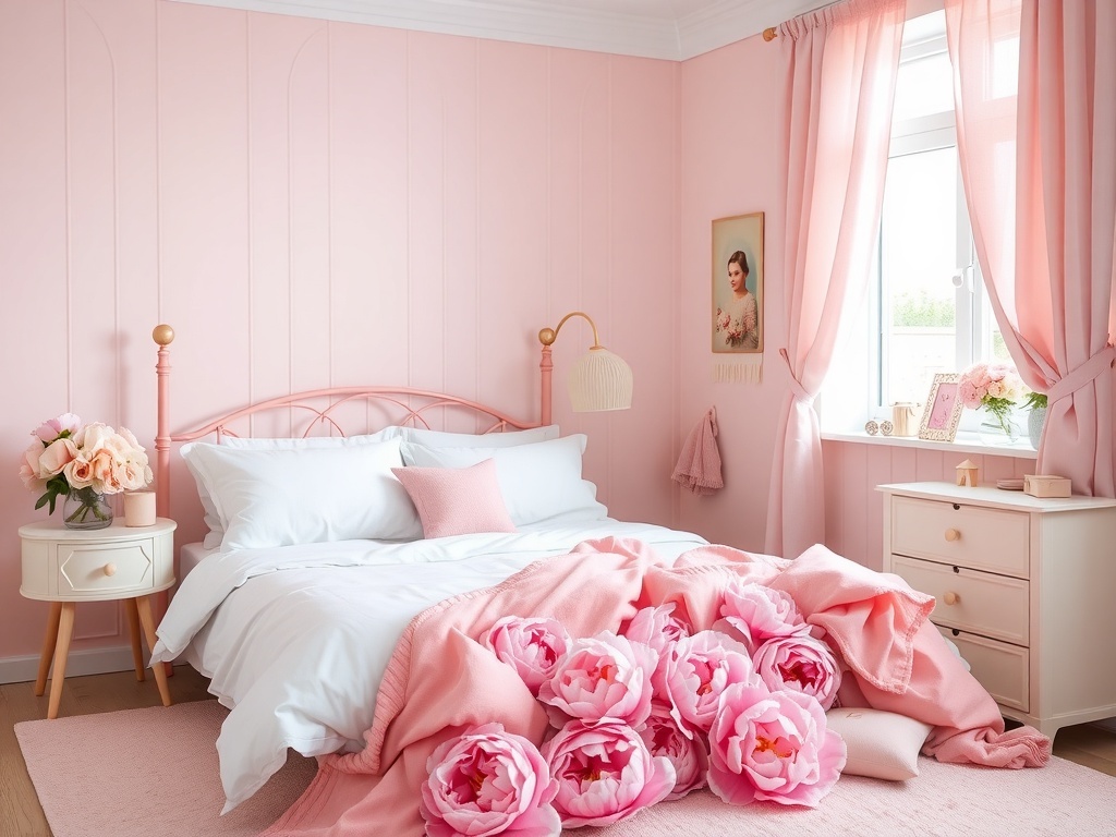 A cozy girl's bedroom featuring a floral bed set with peony designs in soft pink tones.
