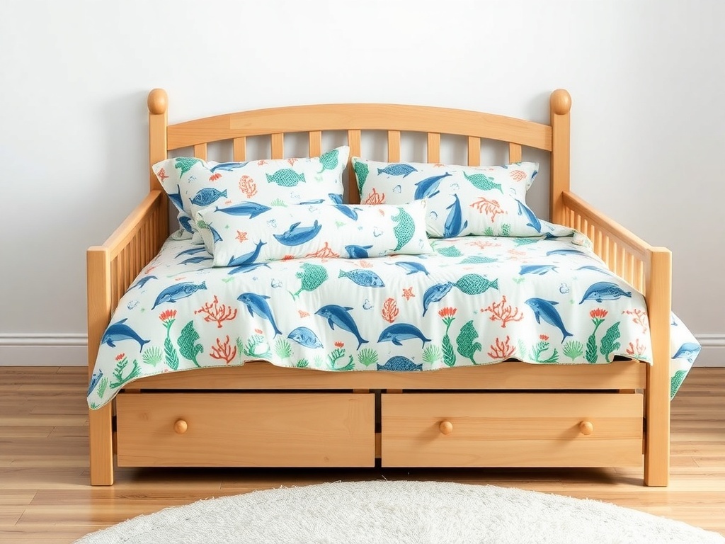 Underwater-themed bedding featuring dolphins and fish on a bed with wooden frame.