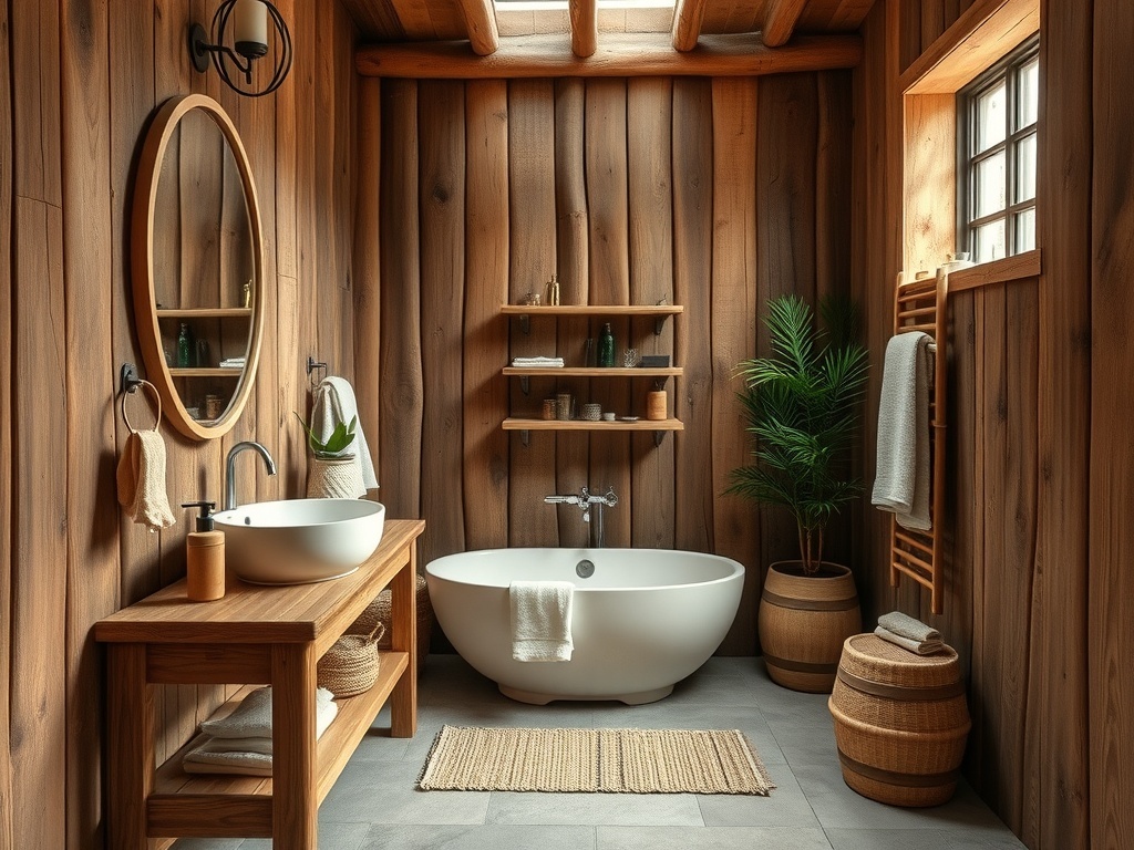 Rustic bathroom featuring bamboo accessories and decor
