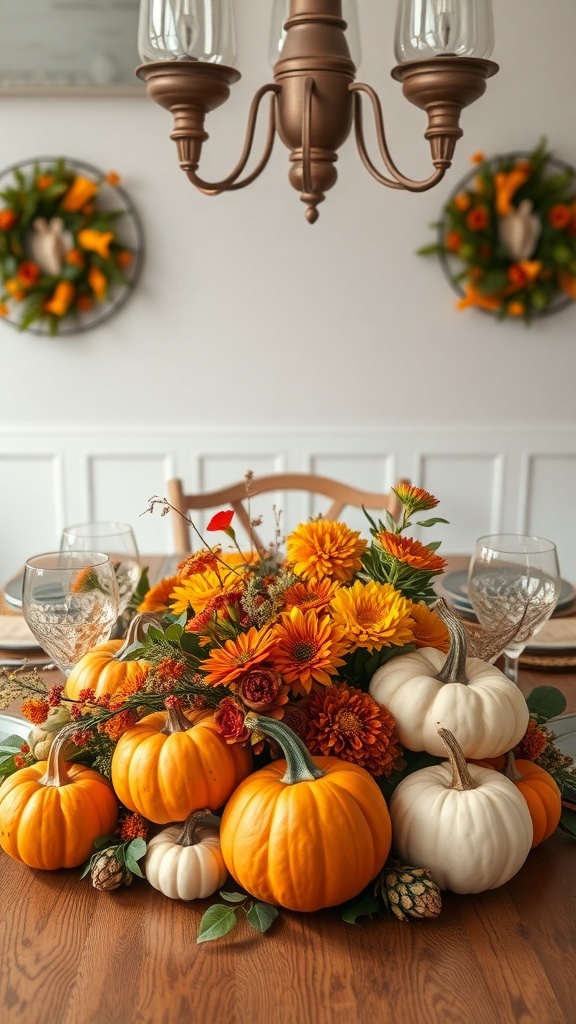 A harvest-inspired centerpiece featuring pumpkins, flowers, and natural elements on a wooden table.
