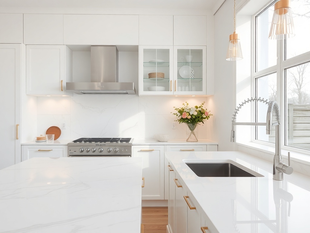 Modern luxury kitchen with white marble tiles and shiny black appliances