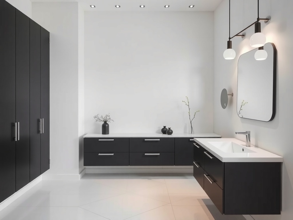 Modern bathroom featuring contemporary floating vanities in black and white shades.