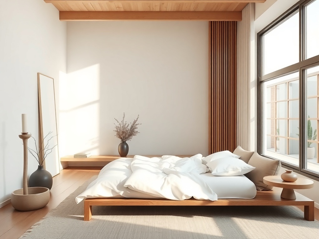 A serene contemporary zen bedroom featuring a low wooden bed with soft bedding, large windows, and minimal decor.