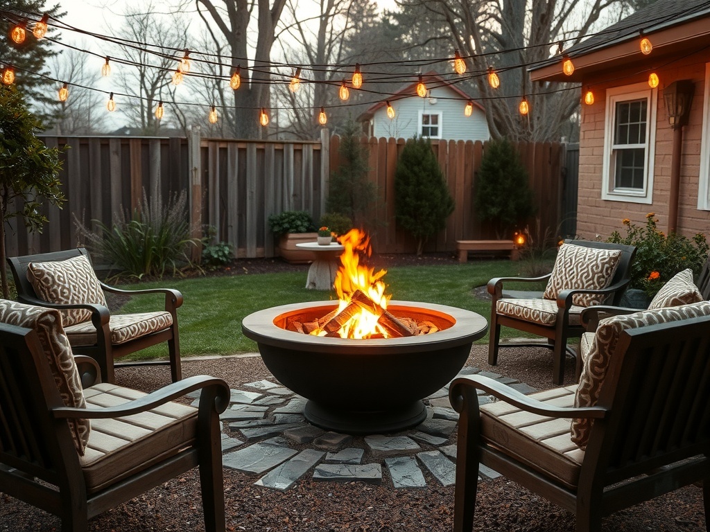 Backyard fire pit with chairs and string lights in a rustic setting.