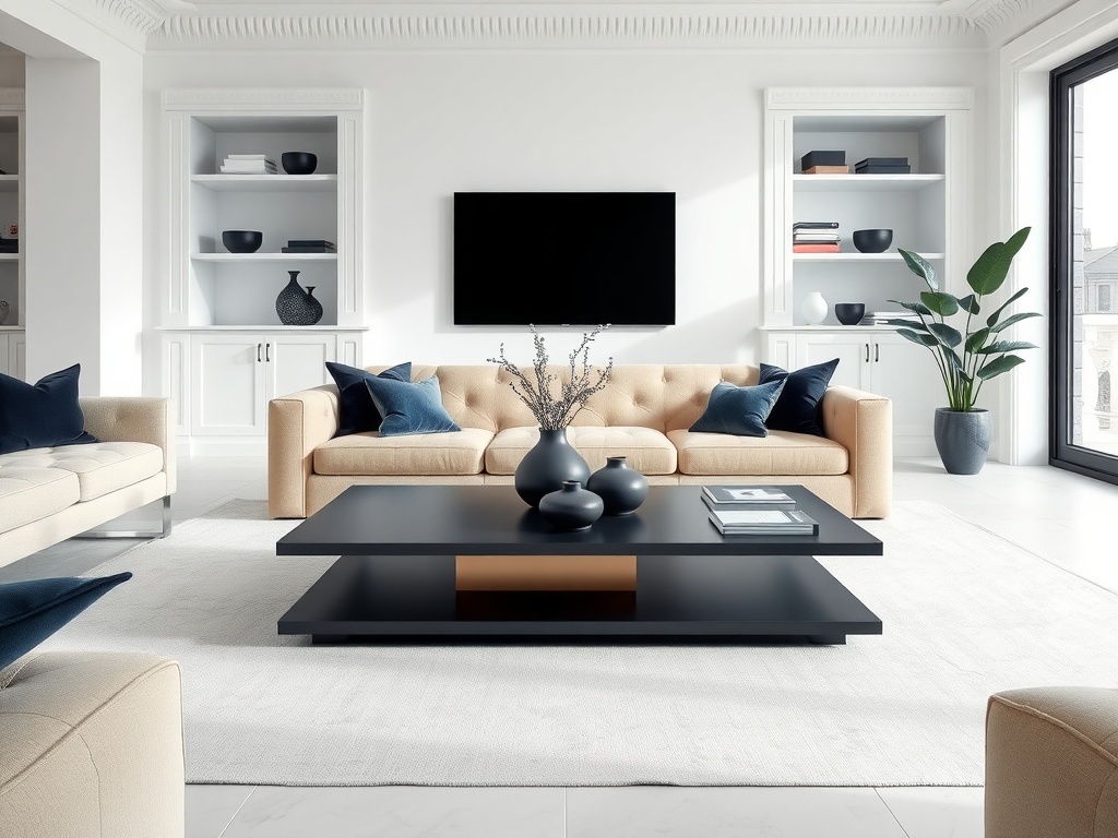 A minimalist coffee table in a modern chic living room with a navy blue accent wall.