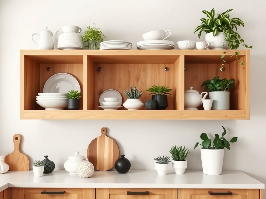Decorative open shelving in a kitchen with plates, plants, and decorative items.