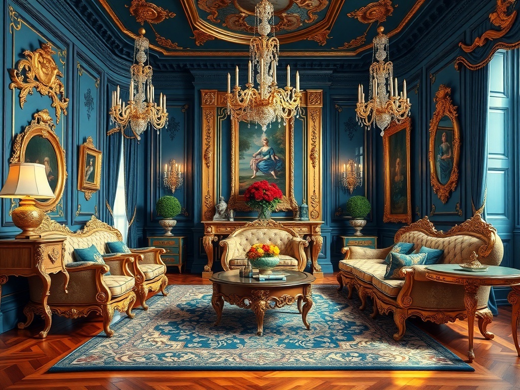 A luxurious Rococo Revival living room featuring deep blue walls, ornate gold accents, and elegant furniture.
