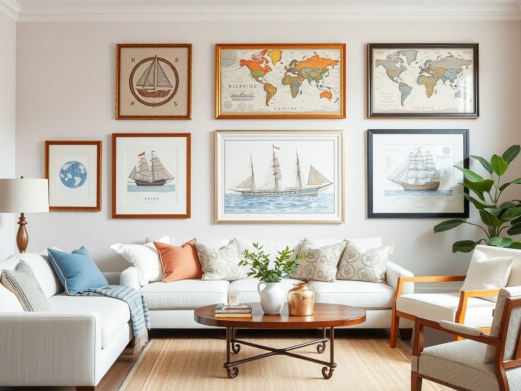 Nautical-themed artwork displays in a living room with framed maps and ship illustrations