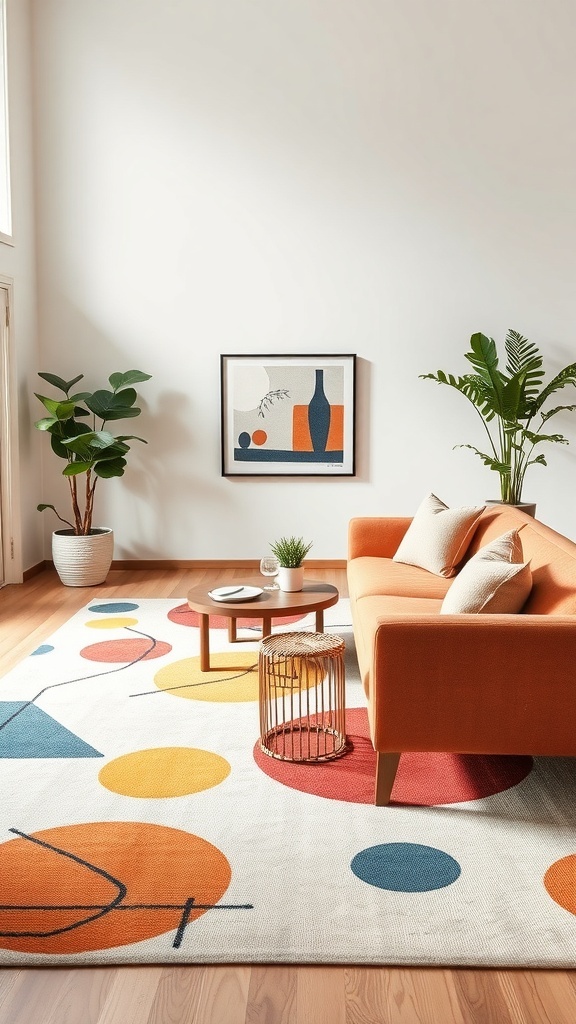 A mid-century modern living room featuring a colorful geometric rug, an orange sofa, and decorative plants.