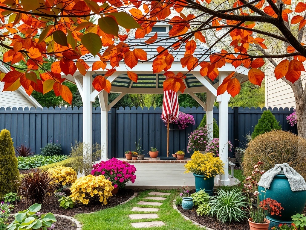 A charming garden with a gazebo surrounded by colorful autumn leaves and flowers.