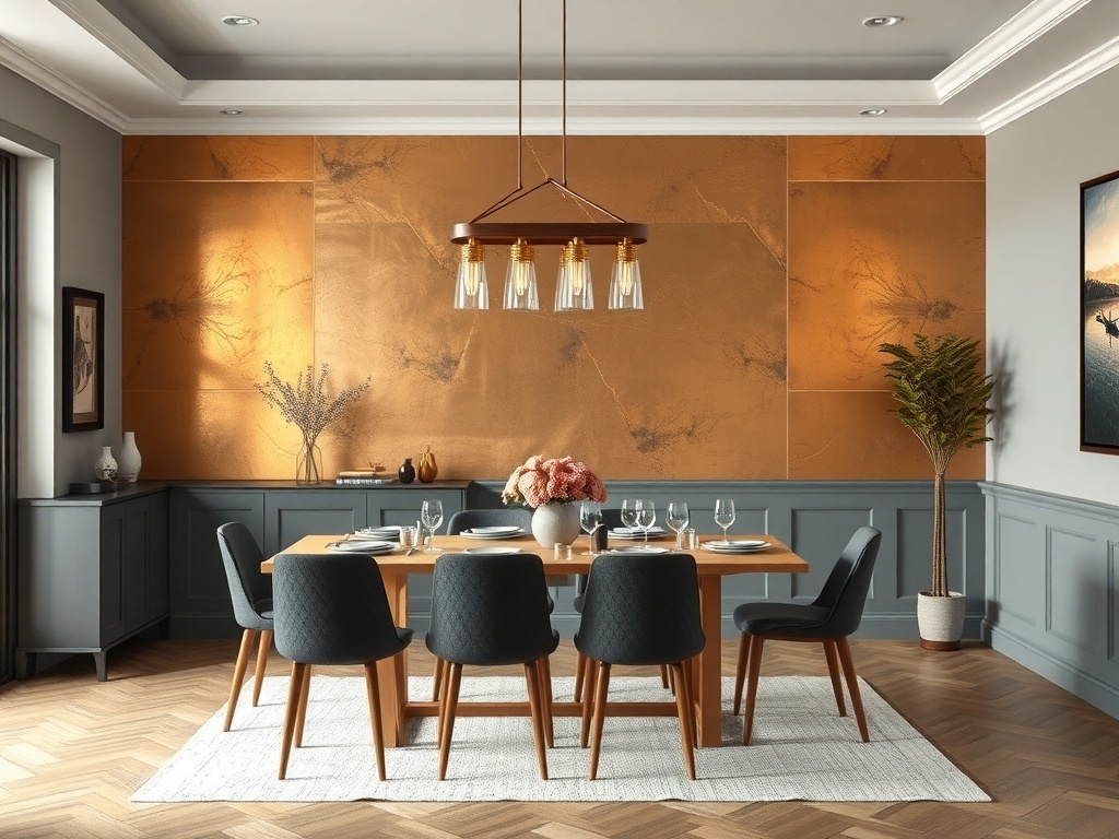 A dining room featuring a bronze accent wall, gray cabinetry, a wooden dining table, and stylish chairs.