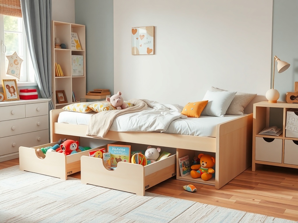 A well-organized kids room with under-bed storage drawers filled with toys and books.
