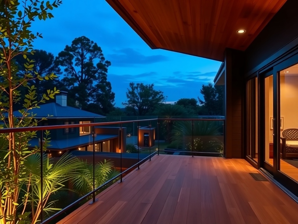 A contemporary wooden deck with glass railings at dusk, showcasing a modern home and surrounding greenery.