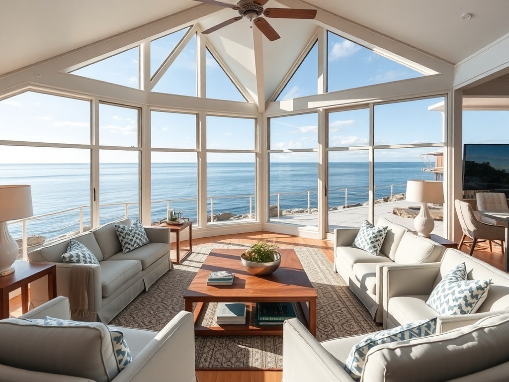 A luxurious living room with large windows showcasing an ocean view, featuring minimalist furniture and a serene atmosphere.