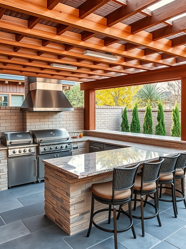 Luxury outdoor kitchen featuring high-end appliances and a stylish bar area