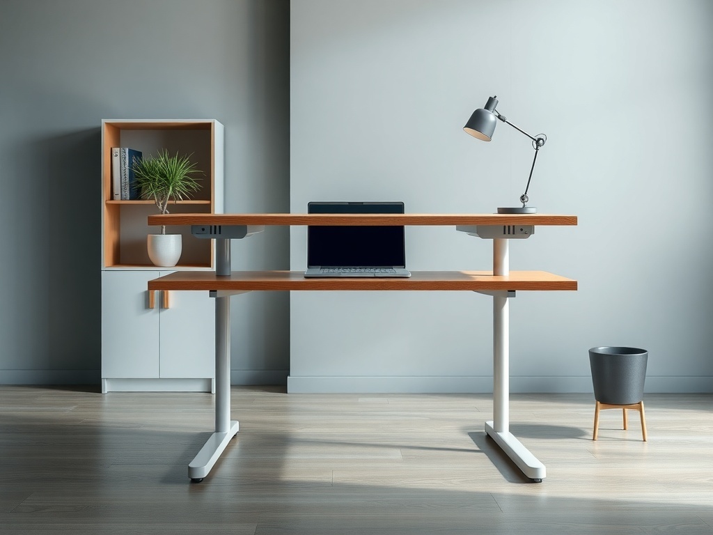 A stylish adjustable height desk with a laptop, lamp, and decorative plant.