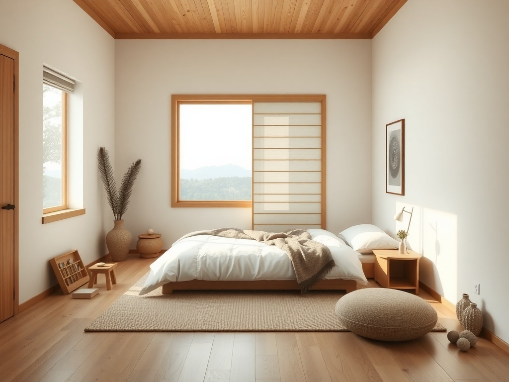 A modern Japandi style bedroom featuring a wooden bedframe, natural decor, and large windows