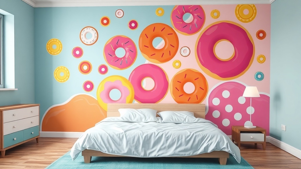 A colorful donut mural on a bedroom wall featuring various donut designs.