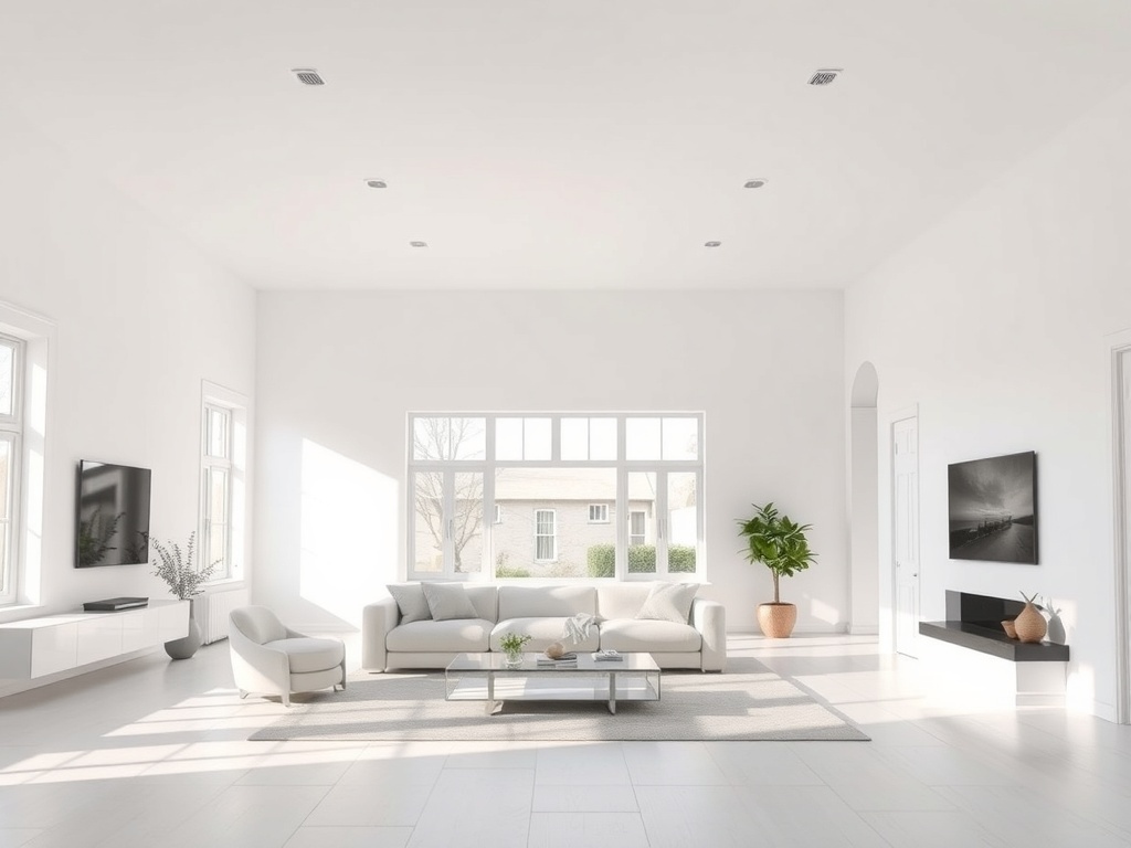 Bright and open white living room with large windows and natural light