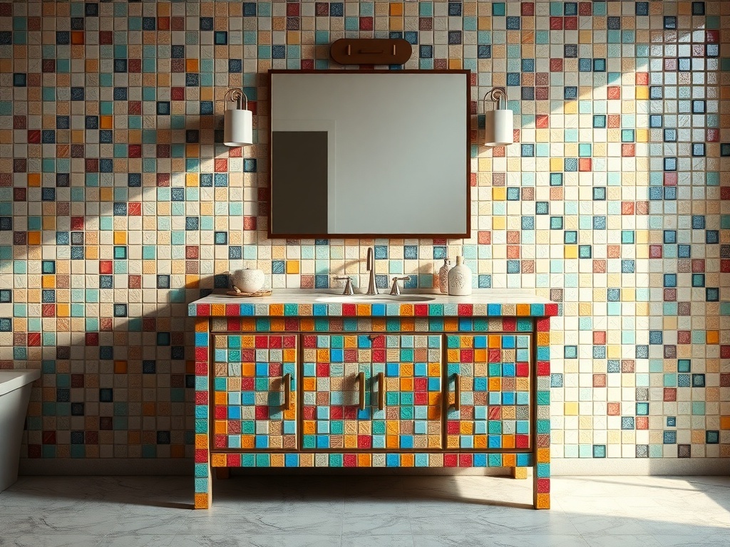 A colorful mosaic bathroom vanity with a mirror and light fixtures.