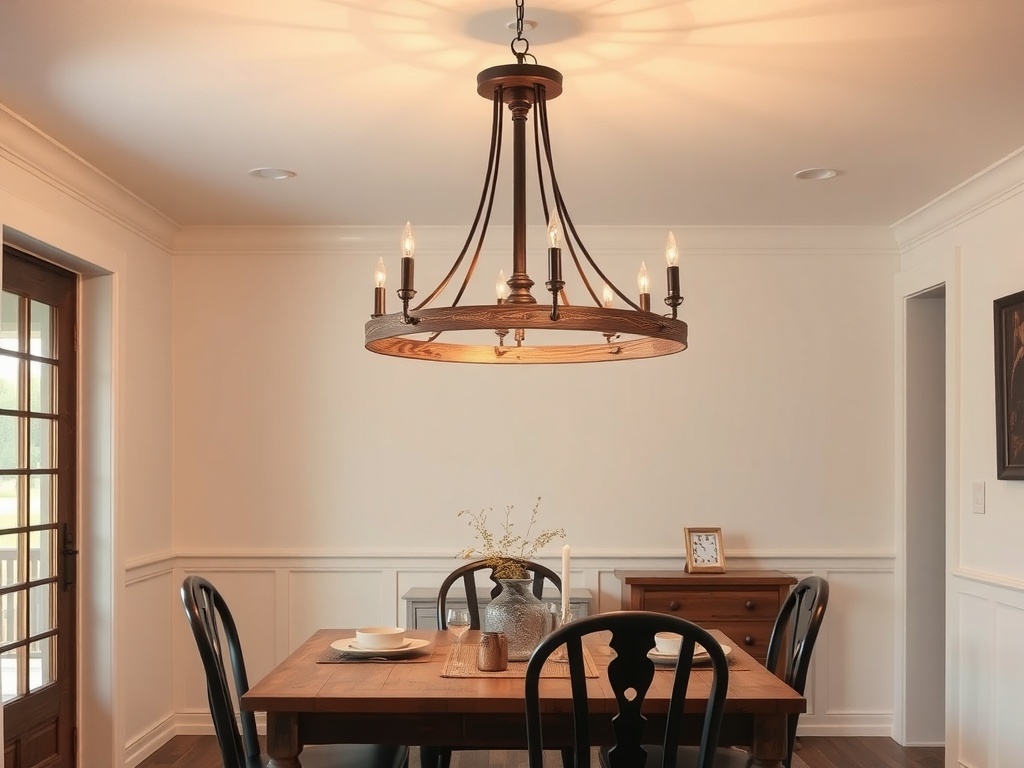 A rustic chandelier hanging over a wooden dining table with black chairs.