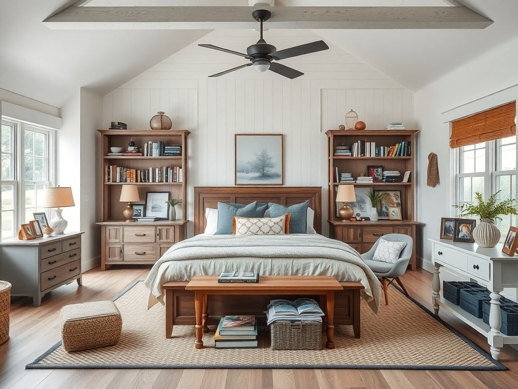 A cozy farmhouse bedroom featuring a large bed, bookshelves, and a reading nook.