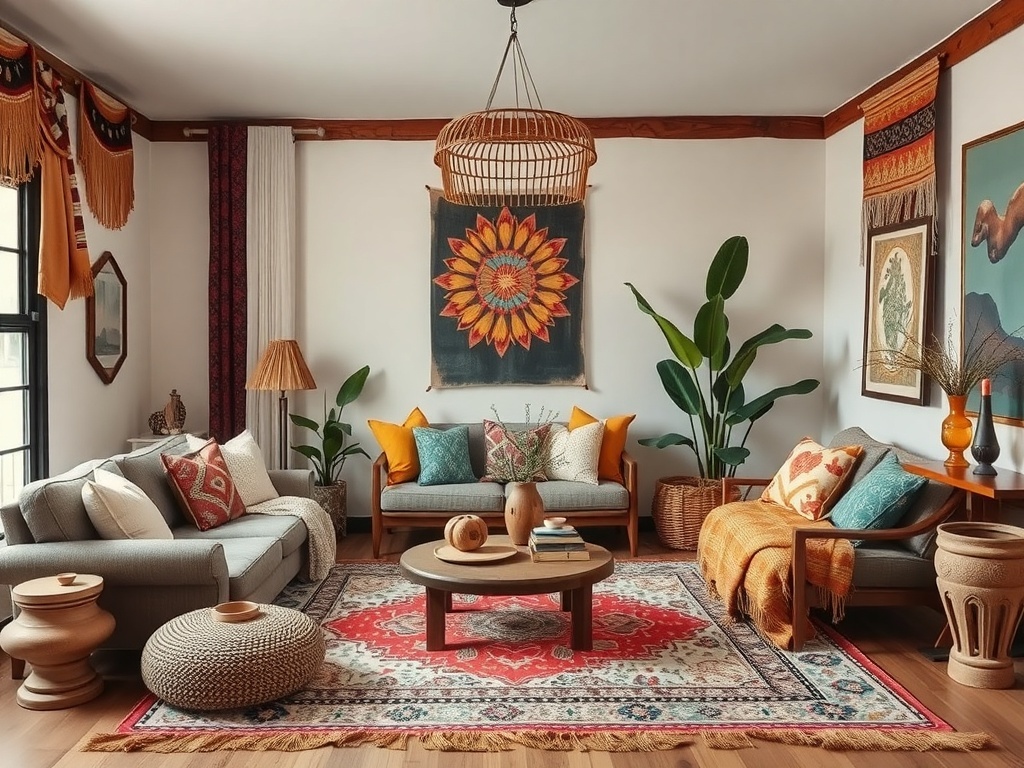 A colorful boho living room featuring cultural decor elements, plants, and vibrant textiles.