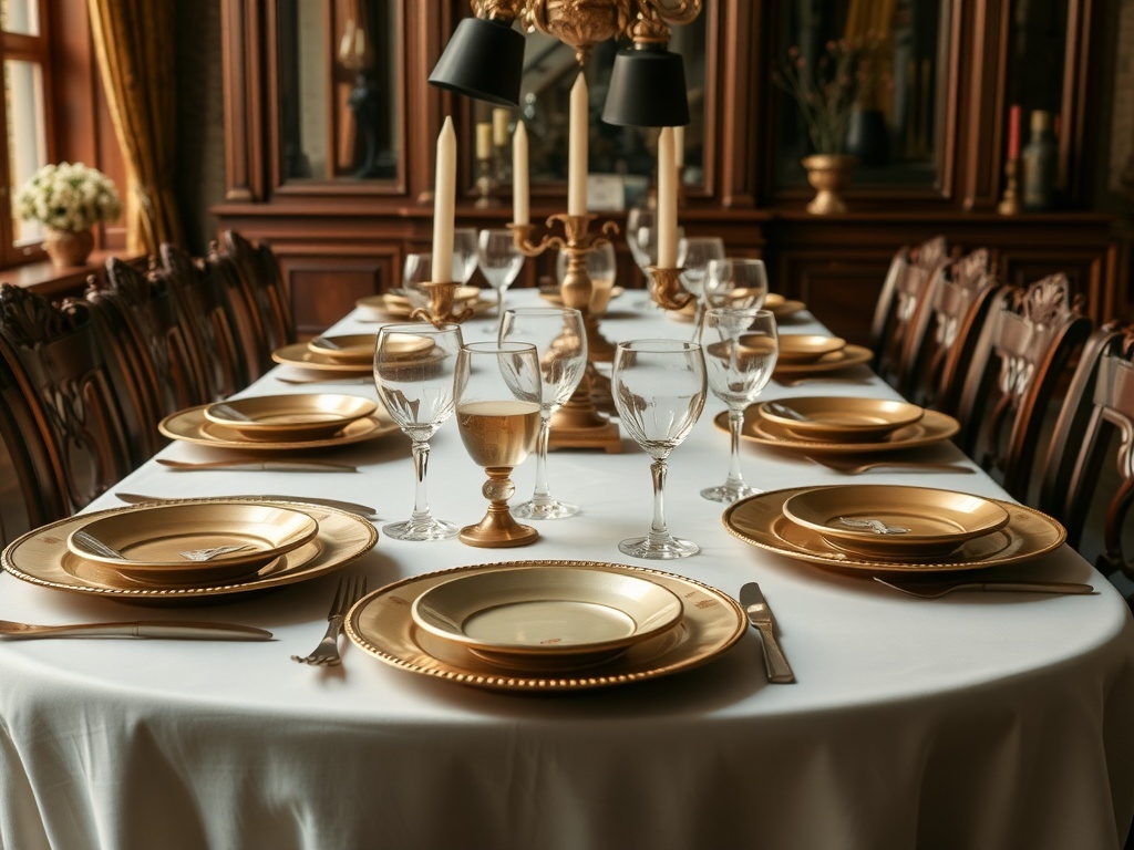 Elegant dining table set with bronze tableware, glassware, and candles.