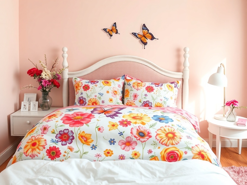 Floral bed set with colorful flowers and butterflies in a girl's bedroom.