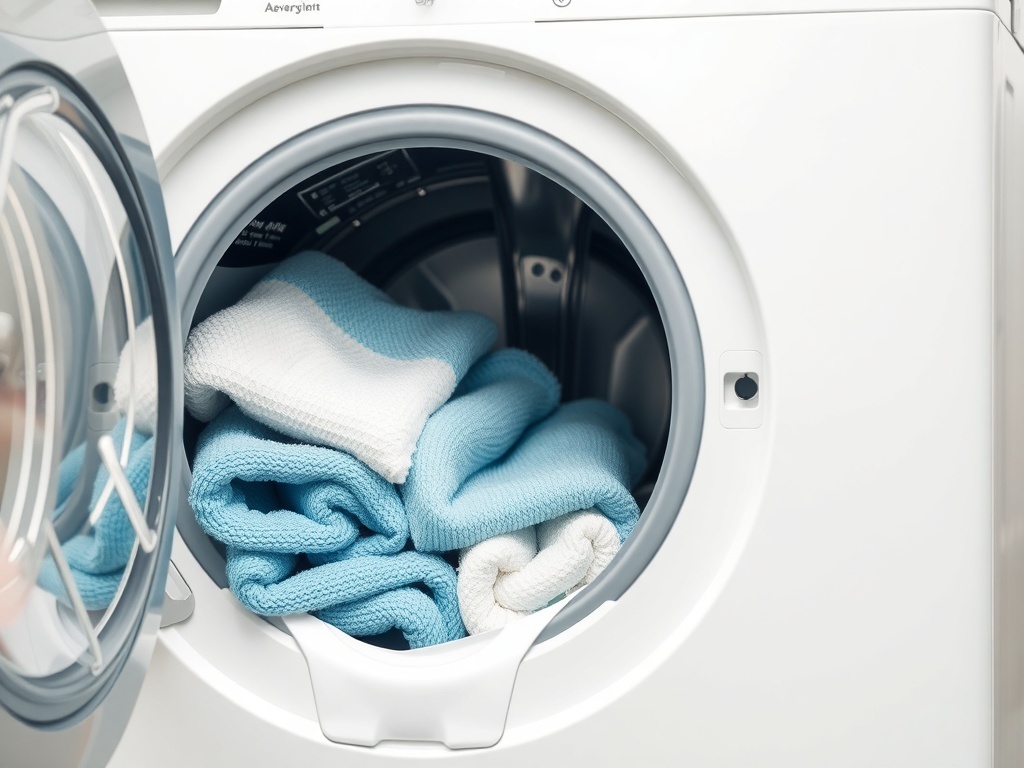 A washing machine with towels inside, emphasizing maintenance and care for bathroom textiles.
