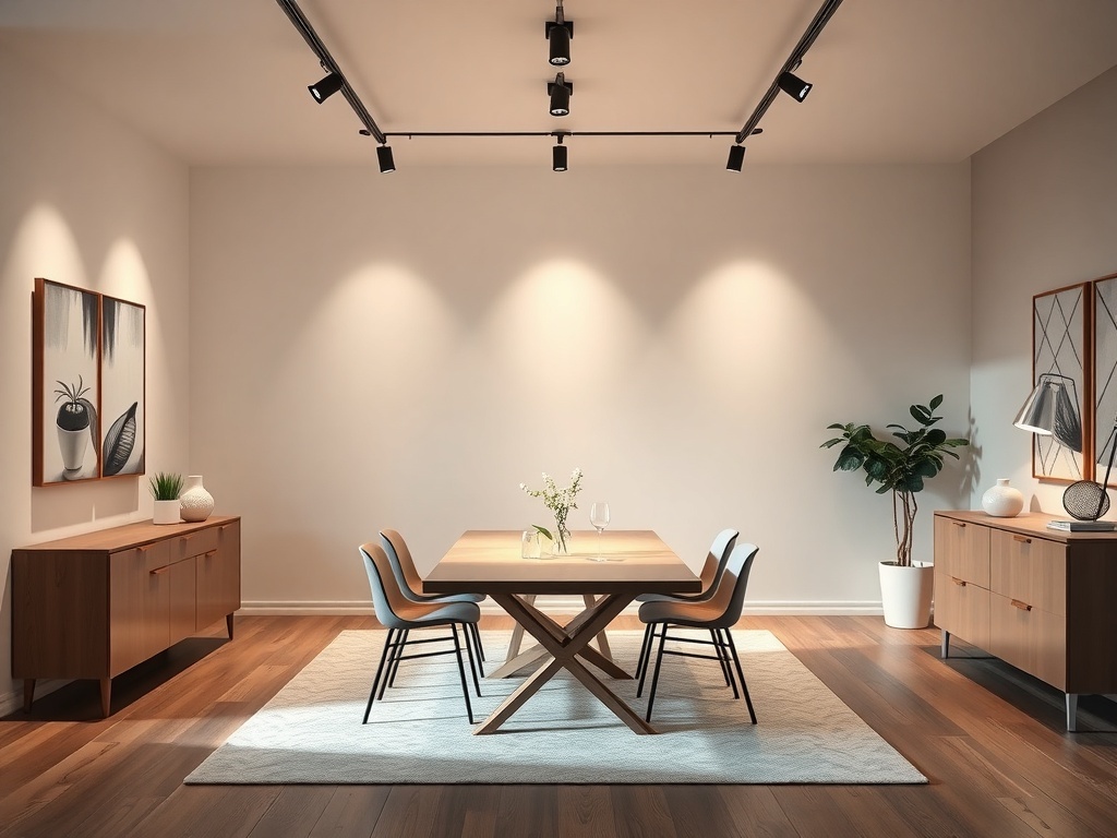 A minimalist dining room featuring track lighting, a wooden dining table, and modern chairs.