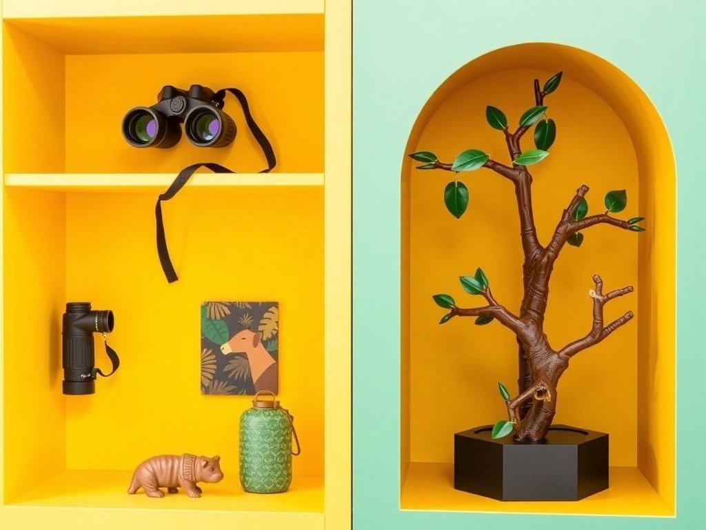 Colorful jungle explorer accessories on a shelf including binoculars, a map, and plants.