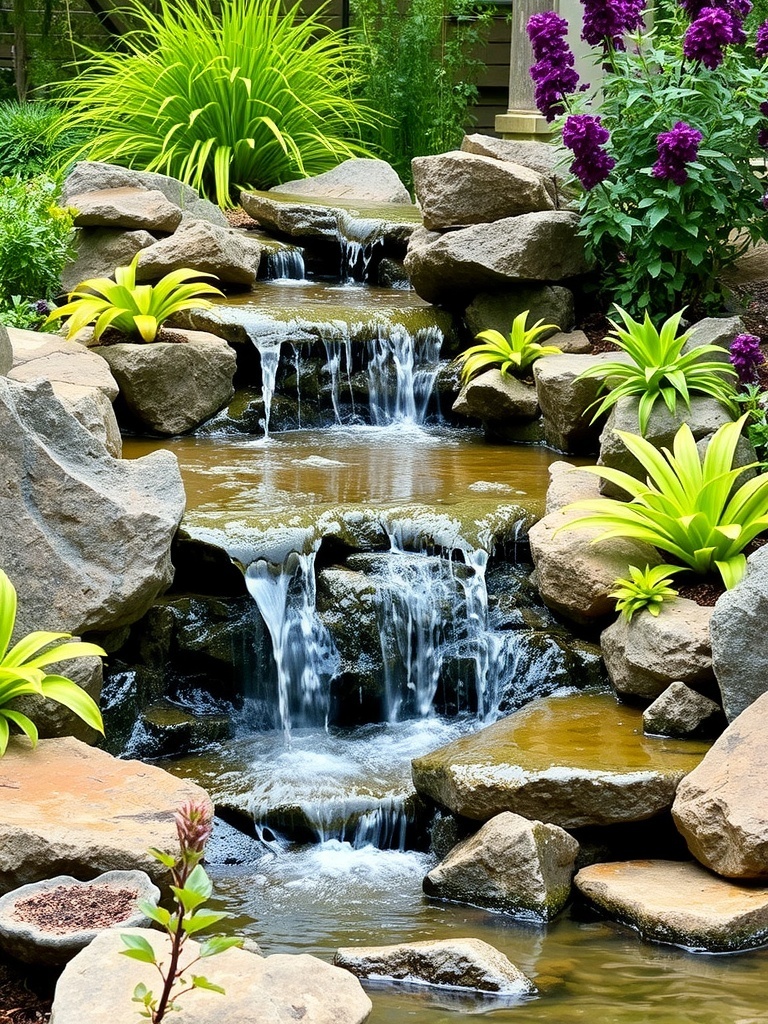 A beautiful multi-tiered waterfall surrounded by lush greenery and colorful flowers.