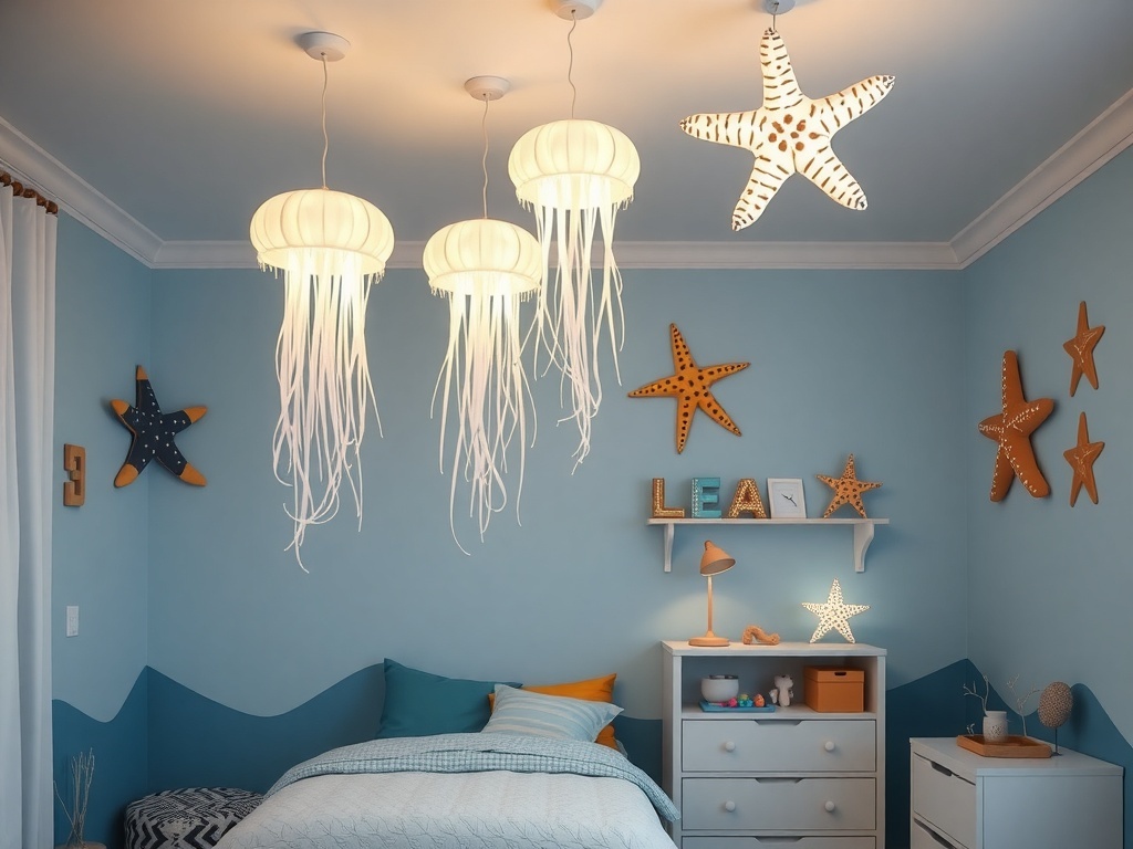 Ocean-themed lighting fixtures in a kids' bedroom, featuring jellyfish and starfish designs.