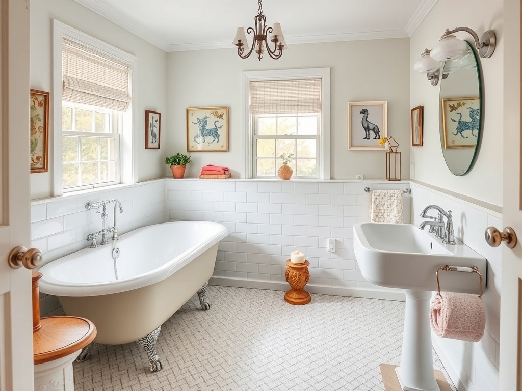 A vintage-inspired bathroom featuring a clawfoot tub, ornate fixtures, and decorative wall art.