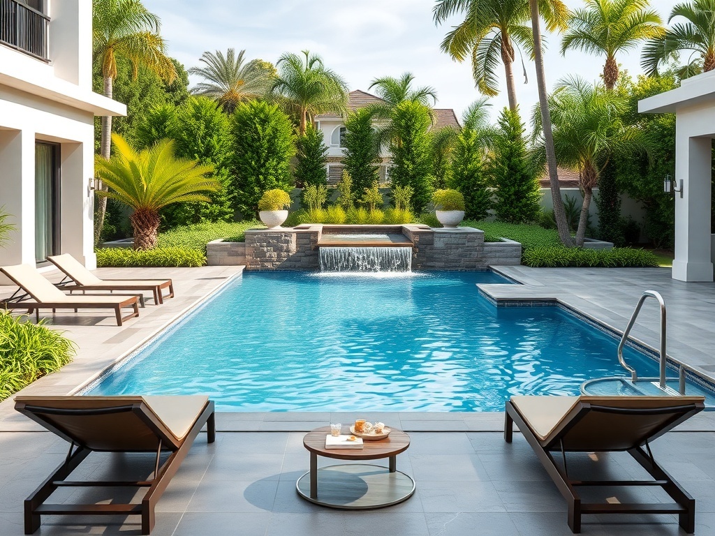A luxurious backyard pool with a waterfall, surrounded by palm trees and lounge chairs.