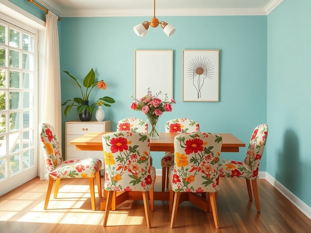 A beautifully arranged dining room featuring classic linen slipcovers on chairs, elegant table settings, and natural light streaming through the windows.