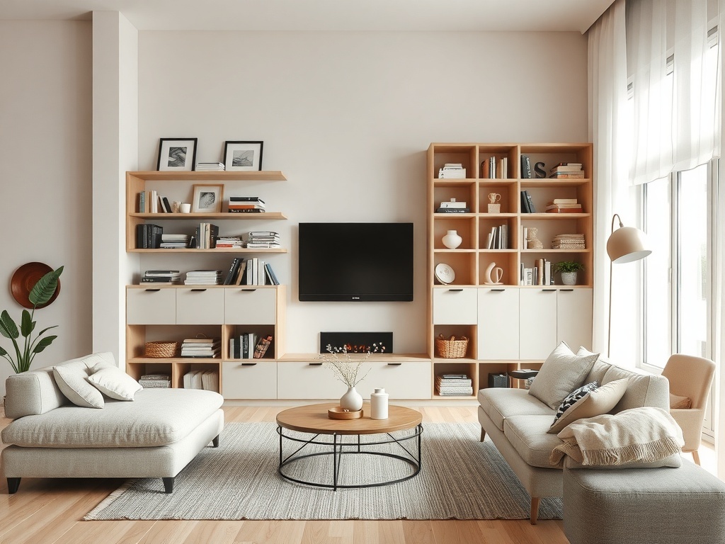 A cozy living room featuring stylish storage solutions, including shelves and multifunctional furniture.