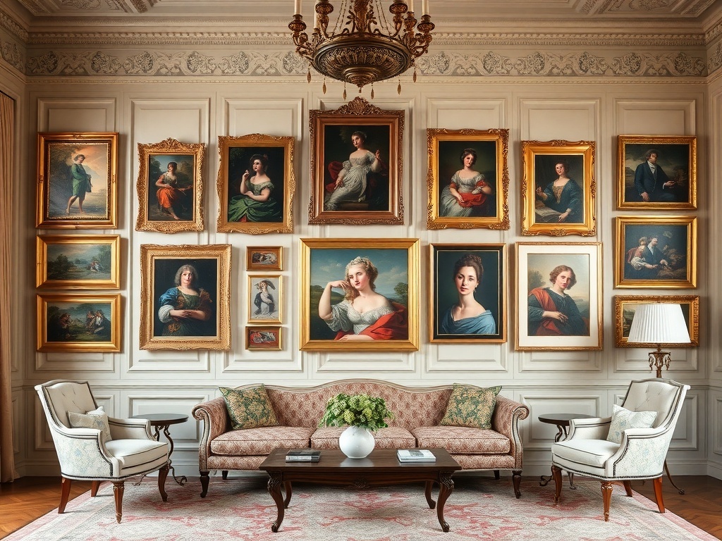 A living room with a wall full of eclectic art displays featuring various framed portraits.