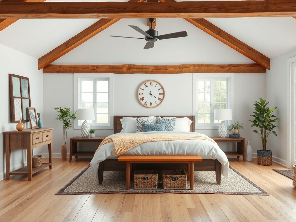 A beautifully designed farmhouse bedroom featuring wooden beams, modern furniture, and natural light.
