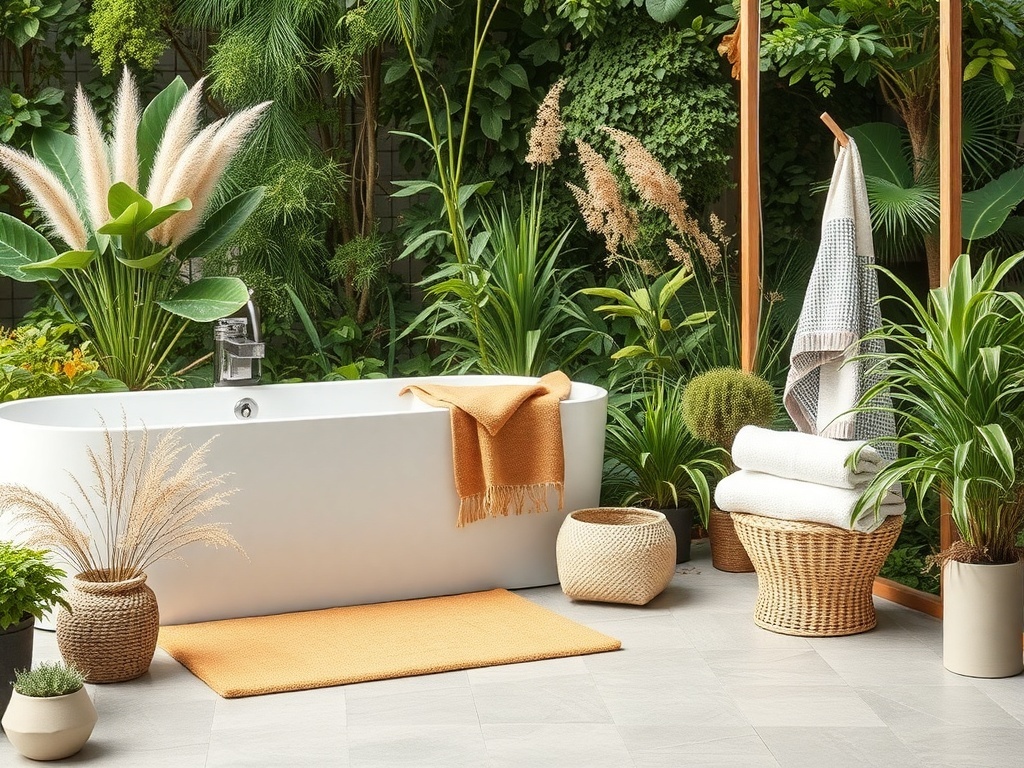 Eco-friendly bathroom mats and towels in a green setting.