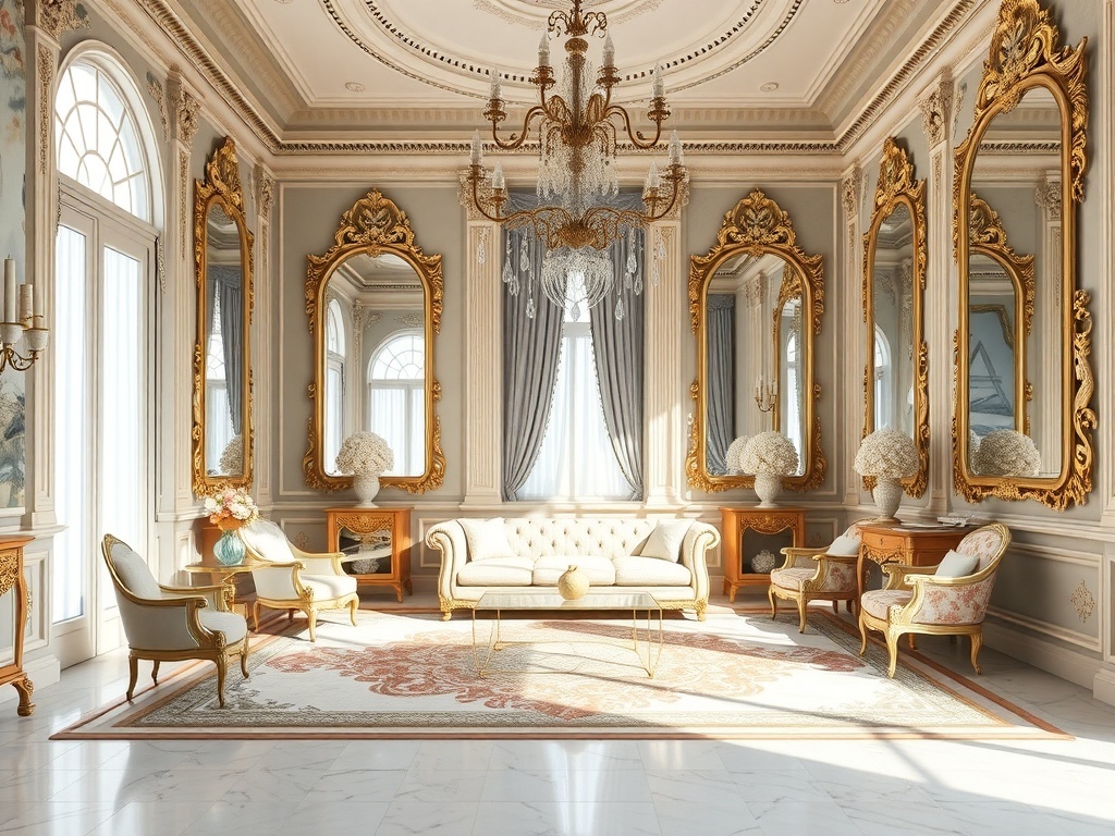 A luxurious Rococo Revival living room featuring ornate mirrors, elegant furniture, and a bright, airy atmosphere.